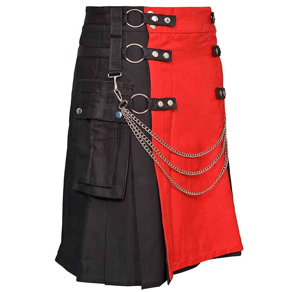 Men’s Black Utility Kilt Red Apron Removable Chains Adjustable Scottish Wear